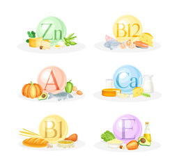 Sources of vitamins set. B12, B1, zn, Ca, A, E vitamin. Healthy nutrition food and dietary supplements vector illustration