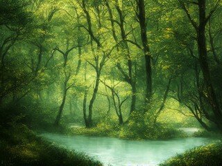 morning in the forest fantasy illustration