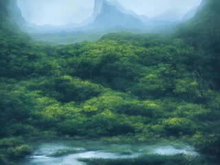 mountain pond in the forest fantasy illustration