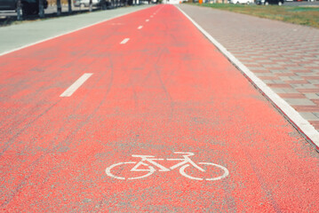 Dedicated bike lane with painted bike sign on rubber red surface