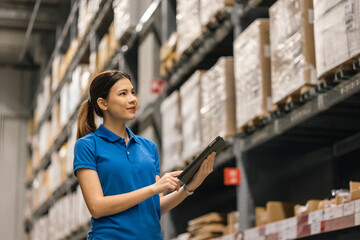 Young female worker in blue uniform checklist manage parcel box product in warehouse. Asian woman...