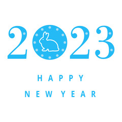 Fototapeta premium Happy New Year 2023 illustration.Cute rabbit with text on blue background.