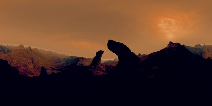 360 degree space background video with Red alien planet surface, equirectangular projection, environment map. HDRI spherical panorama.	