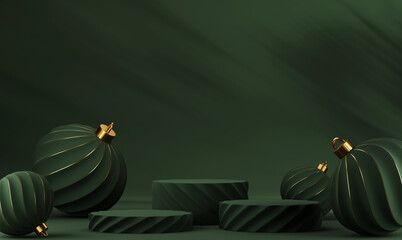 3D abstract Christmas dark green background with green Christmas ornaments