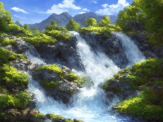 Fototapeta na wymiar mountain river waterfall illustration in a fantasy setting