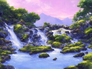 Naklejka na ściany i meble mountain river waterfall illustration in a fantasy setting