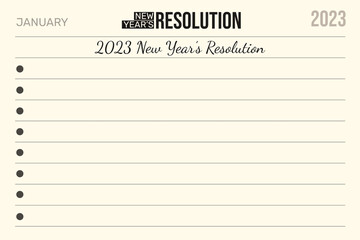 2023 New year Resolutions page with typography and copy space for text. Minimalist resolutions writing backdrop