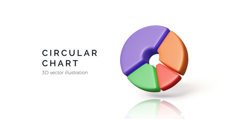 Pie chart divided into sections. 3D render of circular diagram with reflection and shadow isolated on white background