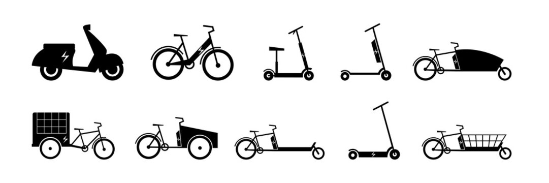 Electric bike icon set. Electro transport logo silhouette. Bicycle, scooter, motorbike, bakfiets. Flat vector illustration