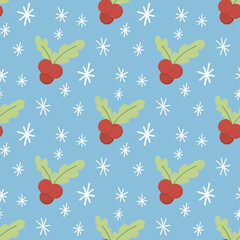 Hand drawn Simple seamless pattern with snowflakes and holly. Christmas Vector for wrapping paper, fabric print, background design