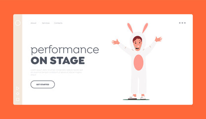 Fototapeta na wymiar Performance on Stage Landing Page Template. Child in Funny Costume of Rabbit, Little Girl or Boy Wear Suit of Bunny