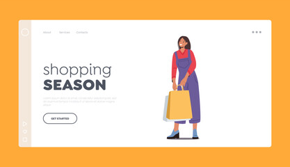 Shopping Season Sale, Discount Landing Page Template. With Young Stylish Woman Holding Colorful Bags Illustration