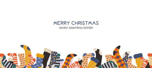 Christmas and Happy New Year seamless border with socks. Trendy retro style. Vector design template.