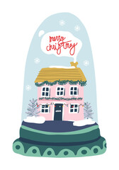 Pink brick country house with against the background of the blue sky in a snow globe. Pastel colors. Christmas greeting card.