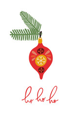 Xmas tree decorations illustration. Decorative toy hanging on strings. Traditional new year celebration accessories.