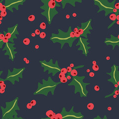 Christmas background holly berry with green leaves and red berries, seamless pattern.