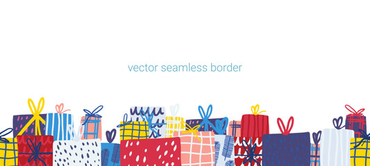 Border vector whith gift boxes. Christmas and Holiday Gifts Snow Winter Background