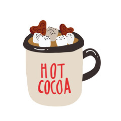 Hot chocolate in beige mug Isolated on white background. Cocoa drink with marshmallows. Vector illustration in cartoon simple flat style.
