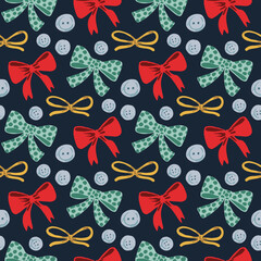 Hand drawn decorative color bows seamless pattern. Bow page decoration, packaging, invitation elements, Christmas, Valentine, birthday, holiday gift wrapping elements