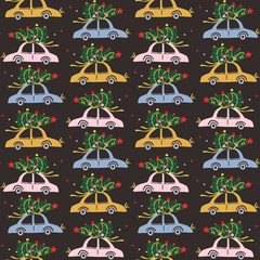 Seamless pattern with  pink, yellow and blue retro car with a fir tree. Vector illustration.