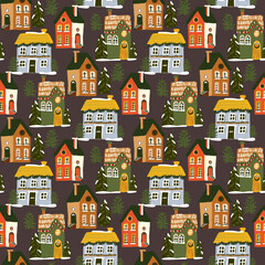Seamless pattern for Christmas holiday with cute houses and trees on a dark background. 