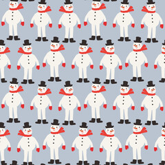 Christmas seamless pattern of cute snowman wear black hat. Vector illustration.