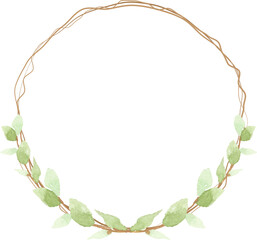 watercolor hand drawn green leaf with dry twig wreath frame