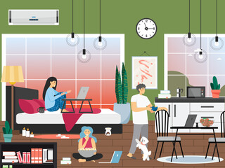 Wife and husband working at home office vector