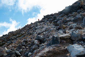 ガレ場の那須茶臼岳登山道を見上げる