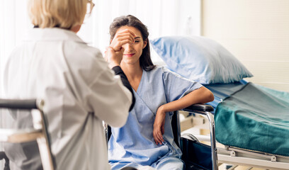 Senior woman doctor wearing uniform with stethoscope service help support discussing and consulting talk to sick woman patient about checkup result information in hospital