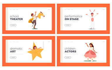 Little Artists Landing Page Template Set. Children In Funny Theatrical Costumes Of Prince, Princess And Rabbit And Star