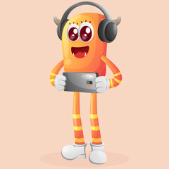 Cute orange monster playing game mobile, wearing headphones