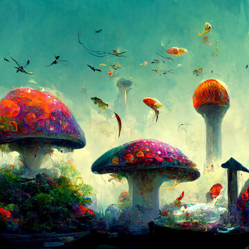 colorful fantasy dream world with big mushroom and fish on the air  neural network generated art painting,
