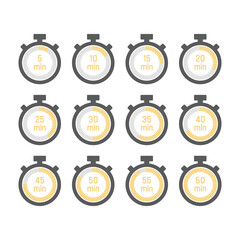 Timer or stopwatch with minutes scale icon set. Chronometer for time, clock symbol set.