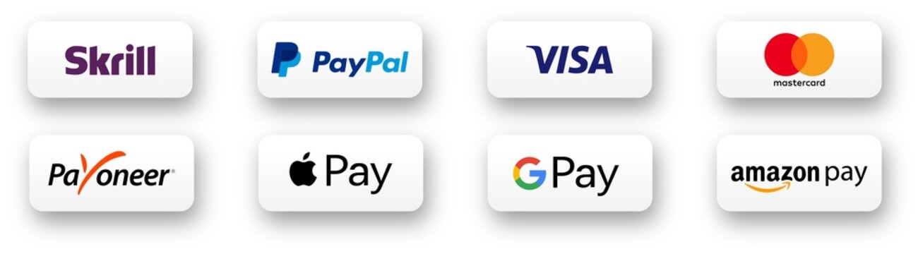 Payment systems buttons set. Visa, Payoneer, Apple Pay, Mastercard, Google Pay, PayPal, Skrill, Amazon Pay. Buttons on transparent  background for your design. PNG image