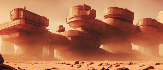 Artistic concept illustration of a unknown structure on mars planet, background illustration. - obrazy, fototapety, plakaty