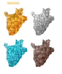 Set of vector polygonal maps of Burundi. Bright gradient map of country in low poly style. Multicolored Burundi map in geometric style for your infographics. Radiant vector illustration.