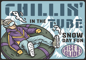 Tubing in the snow. Winter active sports. Snowboarding, tubing and alpine skiing in a poster