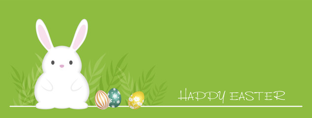 Obraz premium Easter Background Vector Illustration With An Easter Bunny, Colorful Eggs, And Text Space Isolated On A Green Background.