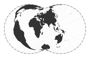 Vector world map. Rectangular (War Office) polyconic projection. Plan world geographical map with latitude/longitude lines. Centered to 60deg W longitude. Vector illustration.