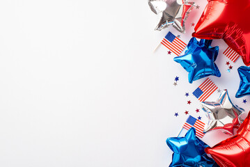 USA Independence Day concept. Top view photo of red white blue balloons national flags and star...
