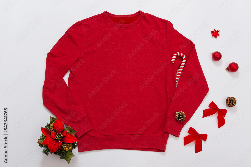 Wall mural close up red blank template sweatshirt with copy space and christmas holiday concept. top view mocku - Wall murals