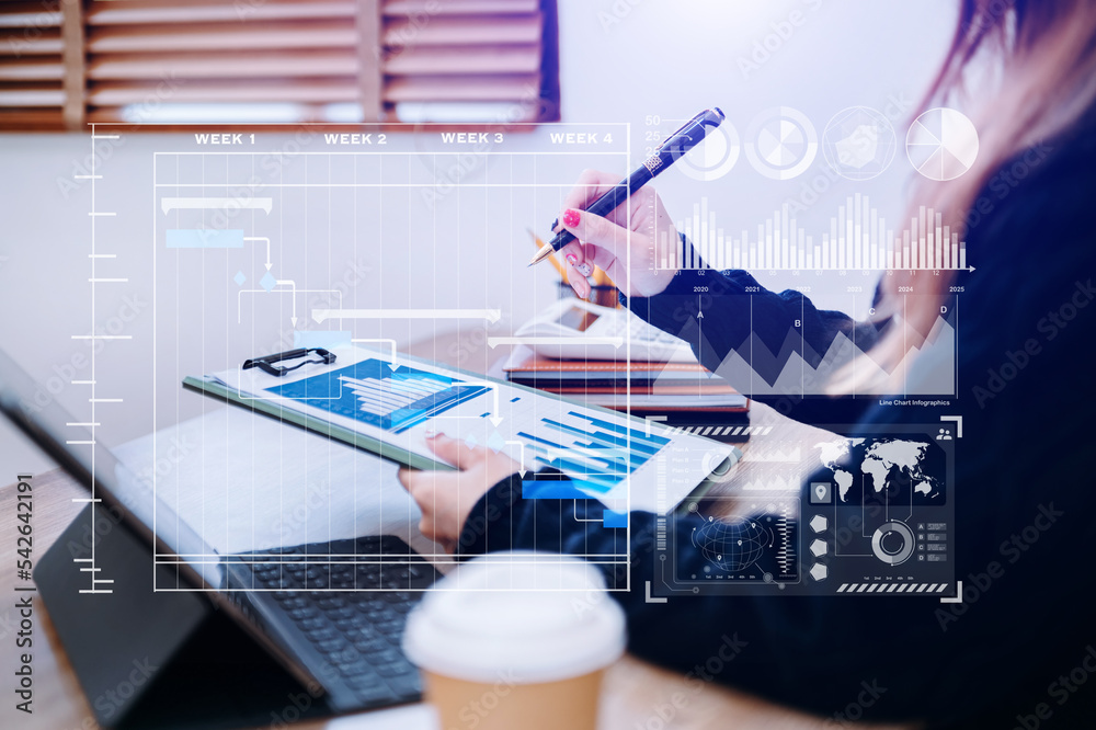 Wall mural data management system with business analytics concept. business team hands working with provide inf