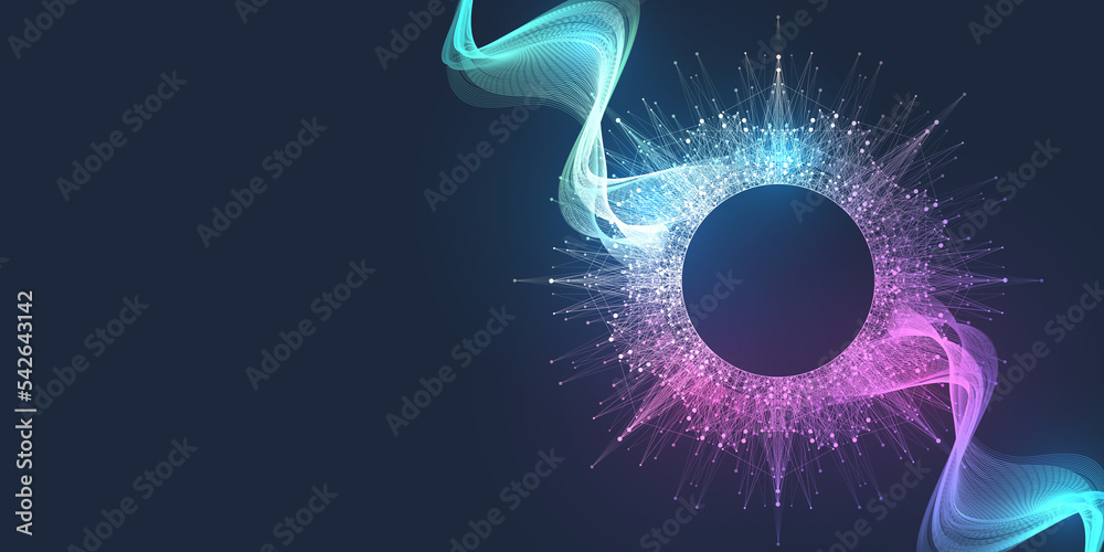 Poster Music wave flow poster design with lines and dots. Sound flyer with abstract gradient line waves. Music abstract background, illustration concept