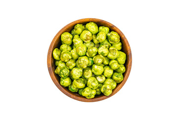 Top view or flat lay of dry crispy wasabi coated green peas in wooden bowl isolated on white background with clipping path.