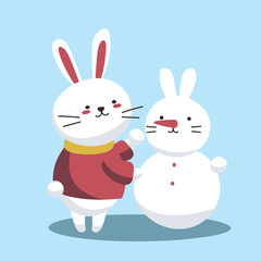 A cute cartoon rabbit makes a snowman. Winter card vector illustration on a blue background with snow. New Year and Merry Christmas EPS