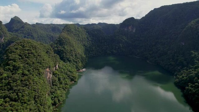 Tranquil View Of Freshwater Lagoon Of Dayang Bunting Island, Langkawi, Malaysia. Aerial Sideways