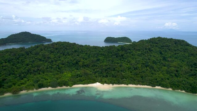 Beautiful Beras Basah Island in Malaysia, drone flyover. 