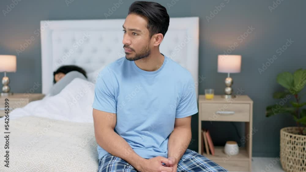 Wall mural Couple, marriage and man with sex problem and insomnia of stress and depression thinking about divorce, snoring and erectile dysfunction. Sad asian male with anxiety about mental health in bedroom