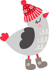 Children's vector illustration. Cute sparrow in a winter hat and valenki. A bird in winter clothes. Illustration isolated on white background 